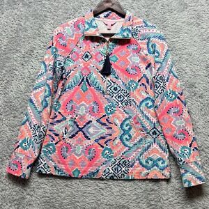 Lilly Pulitzer Top Womens Small Pink 1/4 Zip Solar Opposites Ikat Preppy Coastal